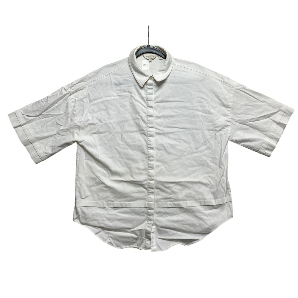 Ted Baker Shirt Mens 4 White Short Sleeve Button Down Layered Hem Orlanda Boxy